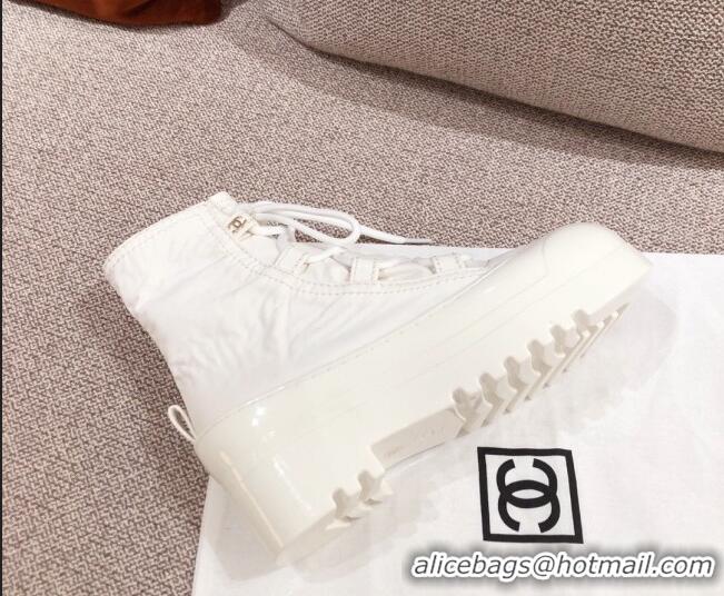 Top Quality Chanel Fabric and Patent Leather Lace-up Short Boots C1150 All White 2020