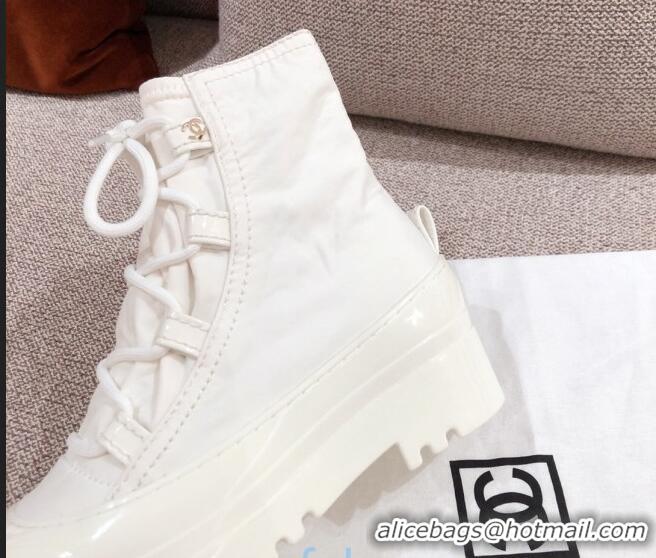 Top Quality Chanel Fabric and Patent Leather Lace-up Short Boots C1150 All White 2020