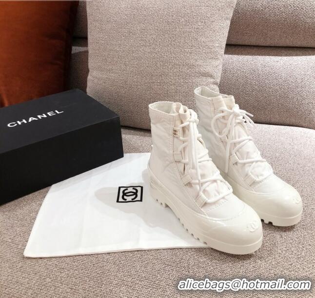 Top Quality Chanel Fabric and Patent Leather Lace-up Short Boots C1150 All White 2020