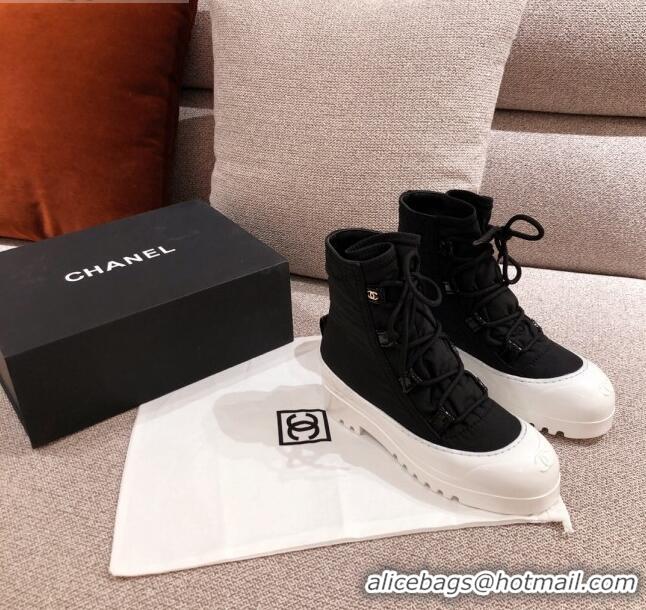 New Stylish Chanel Fabric and Patent Leather Lace-up Short Boots C1150 Black/White 2020