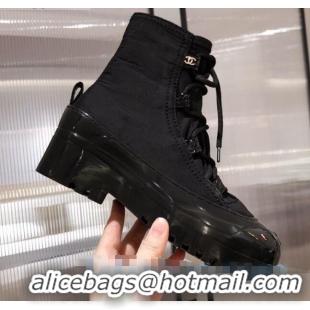 Buy Discount Chanel Fabric and Patent Leather Lace-up Short Boots C1150 All Black 2020