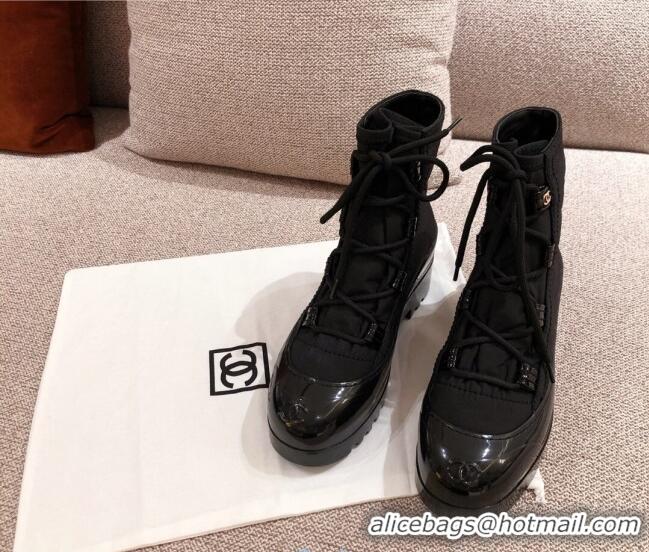 Buy Discount Chanel Fabric and Patent Leather Lace-up Short Boots C1150 All Black 2020