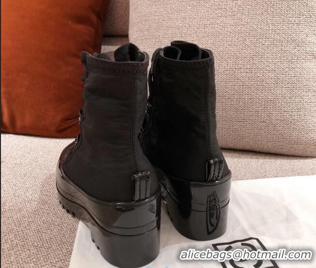 Buy Discount Chanel Fabric and Patent Leather Lace-up Short Boots C1150 All Black 2020