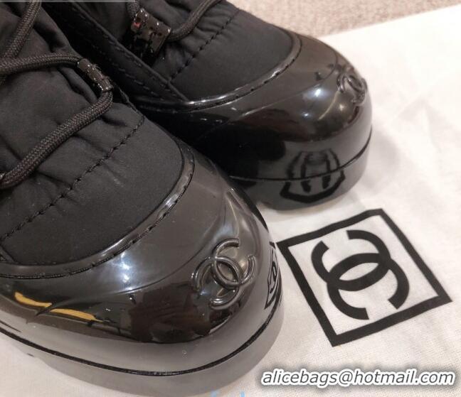 Buy Discount Chanel Fabric and Patent Leather Lace-up Short Boots C1150 All Black 2020