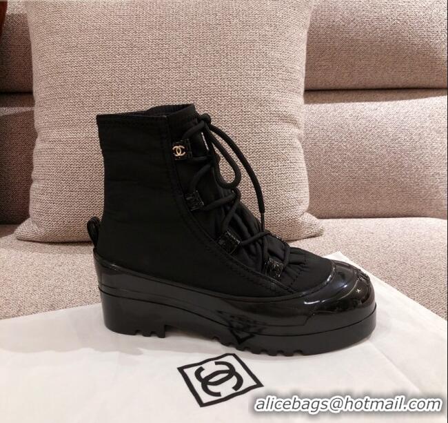 Buy Discount Chanel Fabric and Patent Leather Lace-up Short Boots C1150 All Black 2020