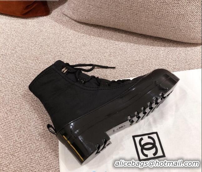 Buy Discount Chanel Fabric and Patent Leather Lace-up Short Boots C1150 All Black 2020