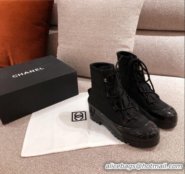 Buy Discount Chanel Fabric and Patent Leather Lace-up Short Boots C1150 All Black 2020