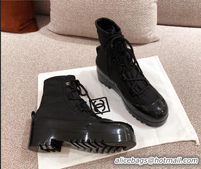 Buy Discount Chanel Fabric and Patent Leather Lace-up Short Boots C1150 All Black 2020