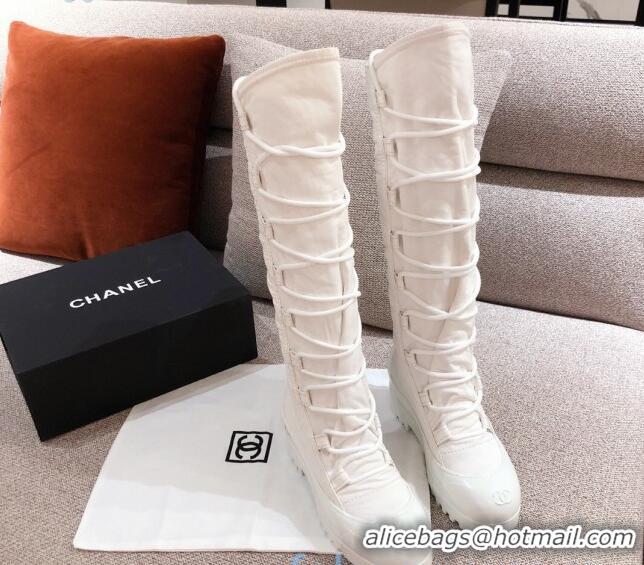 Top Quality Chanel Fabric and Patent Leather Lace-up High Boots C1151 All White 2020