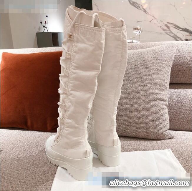 Top Quality Chanel Fabric and Patent Leather Lace-up High Boots C1151 All White 2020