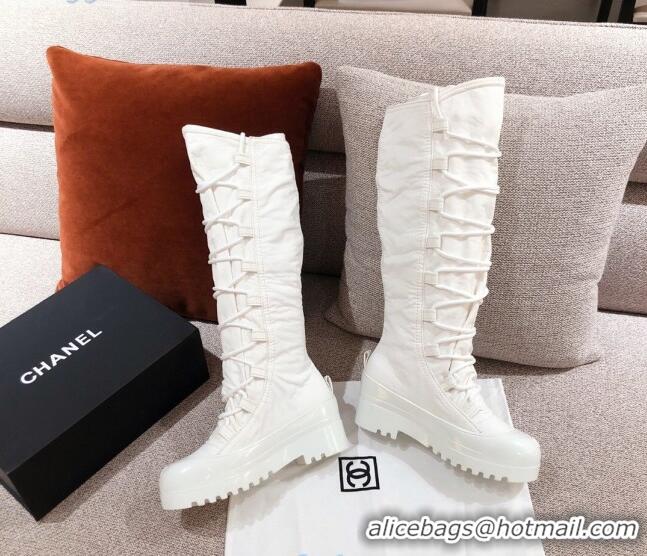 Top Quality Chanel Fabric and Patent Leather Lace-up High Boots C1151 All White 2020