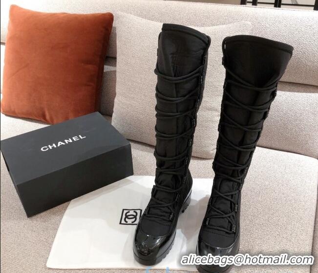 Discount Chanel Fabric and Patent Leather Lace-up High Boots C1151 All Black 2020