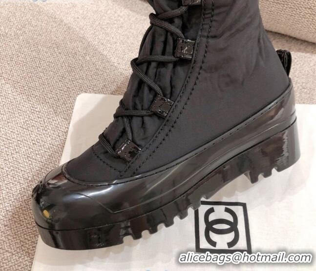 Discount Chanel Fabric and Patent Leather Lace-up High Boots C1151 All Black 2020