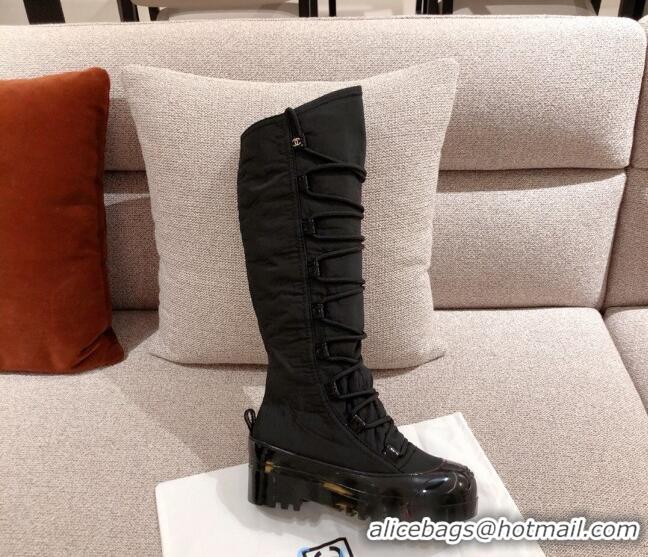 Discount Chanel Fabric and Patent Leather Lace-up High Boots C1151 All Black 2020