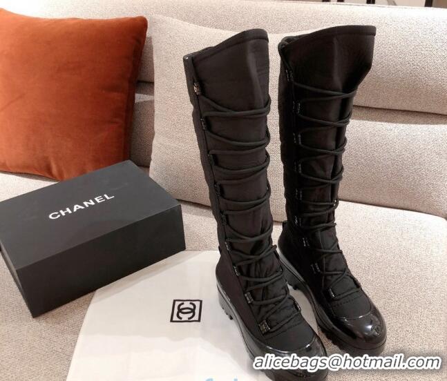 Discount Chanel Fabric and Patent Leather Lace-up High Boots C1151 All Black 2020