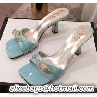 Perfect Gucci Patent Leather Charm Heel Slide Sandals 75mm 71401 Blue 2020