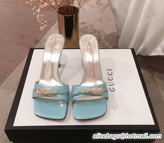 Perfect Gucci Patent Leather Charm Heel Slide Sandals 75mm 71401 Blue 2020