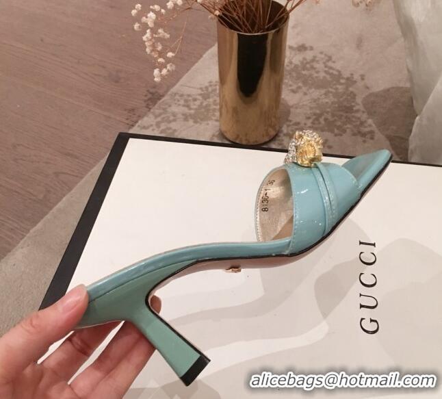 Perfect Gucci Patent Leather Charm Heel Slide Sandals 75mm 71401 Blue 2020