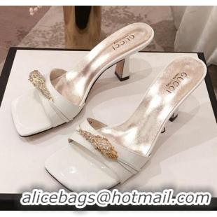 Best Luxury Gucci Patent Leather Charm Heel Slide Sandals 75mm 71401 White 2020