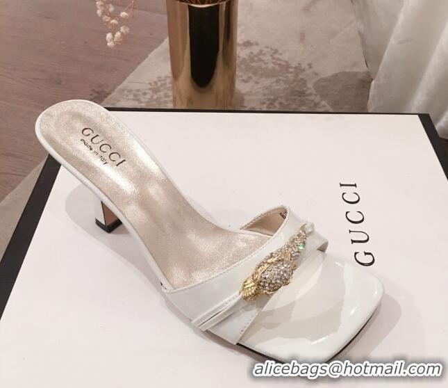 Best Luxury Gucci Patent Leather Charm Heel Slide Sandals 75mm 71401 White 2020