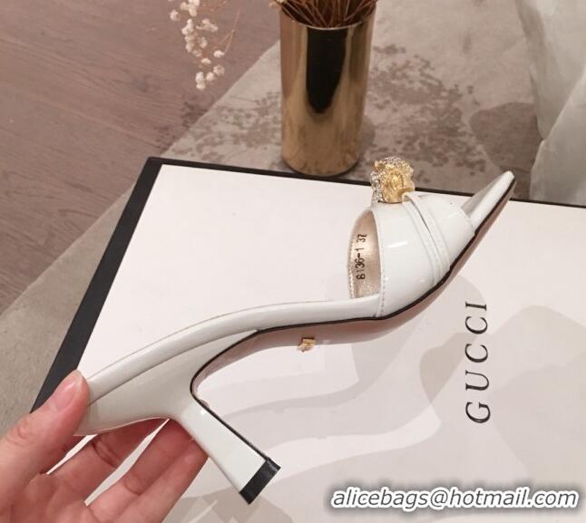 Best Luxury Gucci Patent Leather Charm Heel Slide Sandals 75mm 71401 White 2020