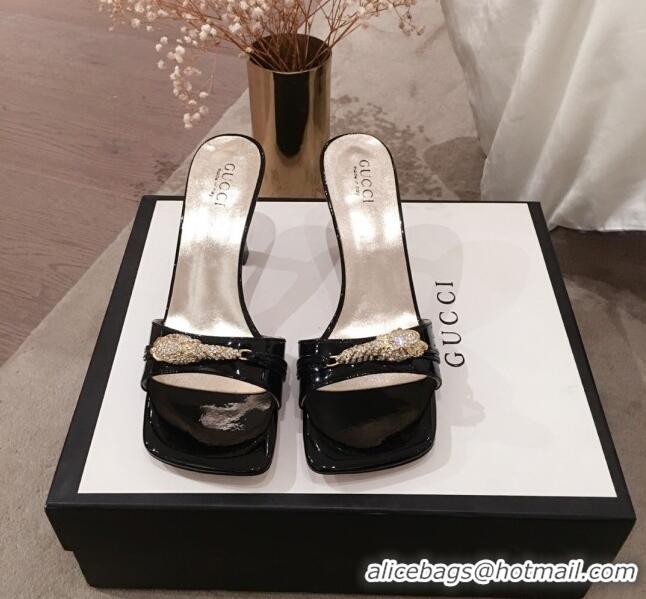 Good Product Gucci Patent Leather Charm Heel Slide Sandals 75mm 71401 Black 2020