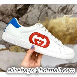 Perfect Gucci Leather Ace Sneakers with Interlocking G 71417 White/Blue 2020