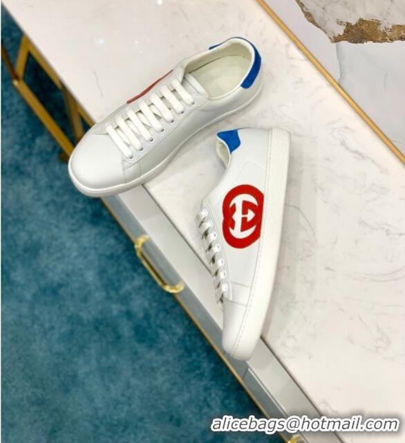 Perfect Gucci Leather Ace Sneakers with Interlocking G 71417 White/Blue 2020