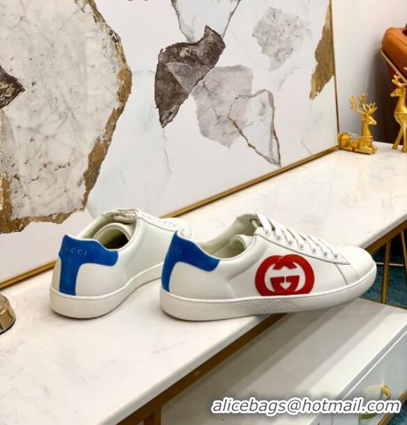 Perfect Gucci Leather Ace Sneakers with Interlocking G 71417 White/Blue 2020