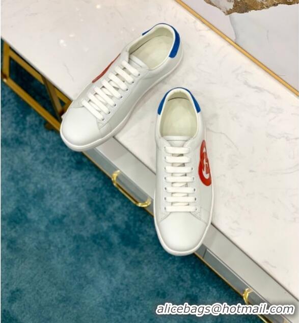 Perfect Gucci Leather Ace Sneakers with Interlocking G 71417 White/Blue 2020