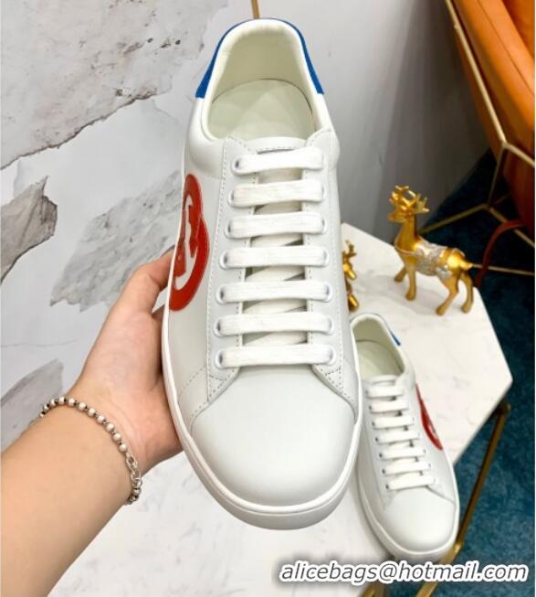 Perfect Gucci Leather Ace Sneakers with Interlocking G 71417 White/Blue 2020