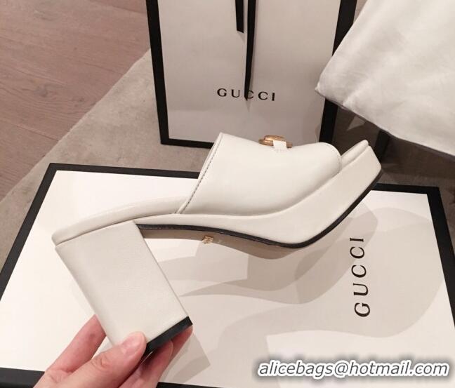 Sumptuous Gucci Leather Horsebit Mid-Heel Platform Slide Sandal 602390 White 2020