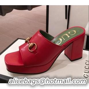 Pretty Style Gucci Leather Horsebit Mid-Heel Platform Slide Sandal 602390 Red 2020