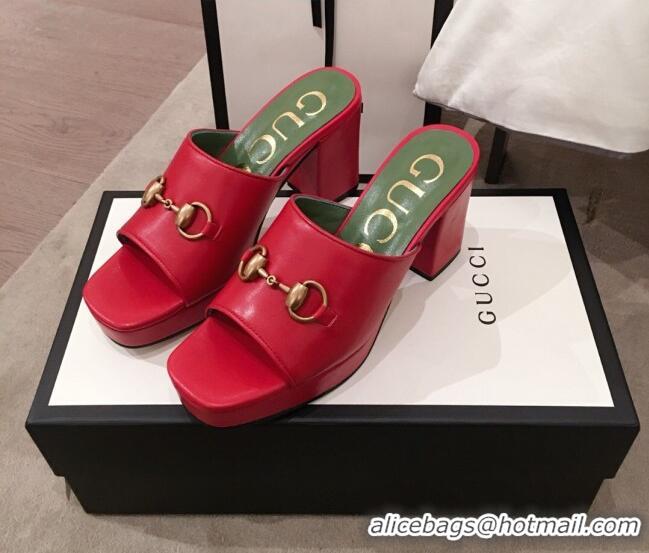 Pretty Style Gucci Leather Horsebit Mid-Heel Platform Slide Sandal 602390 Red 2020