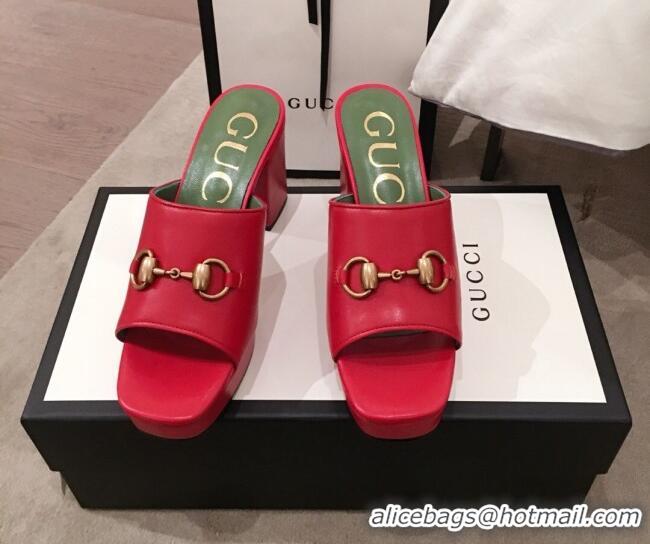 Pretty Style Gucci Leather Horsebit Mid-Heel Platform Slide Sandal 602390 Red 2020