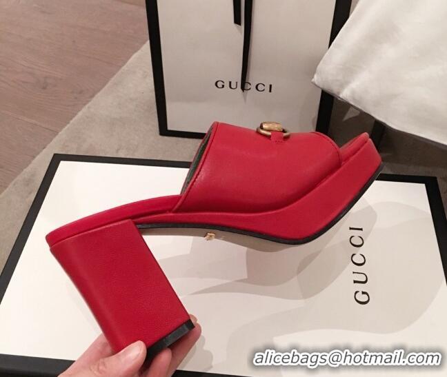 Pretty Style Gucci Leather Horsebit Mid-Heel Platform Slide Sandal 602390 Red 2020