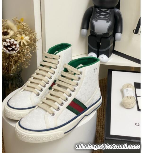 Best Grade Gucci Tennis 1977 High Top Sneakers in White GG Fabric 72012 2020