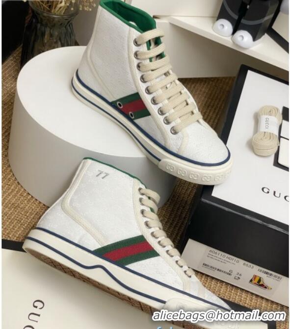 Best Grade Gucci Tennis 1977 High Top Sneakers in White GG Fabric 72012 2020