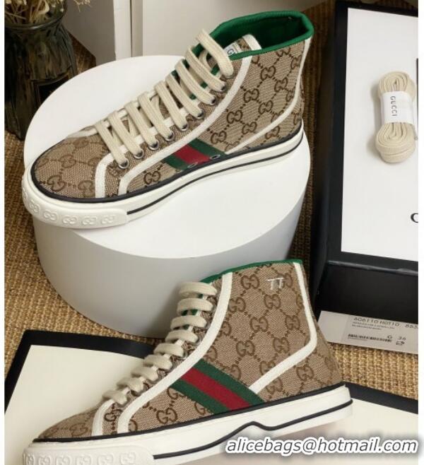 Perfect Gucci Tennis 1977 High Top Sneakers in Beige GG Canvas 72013 2020