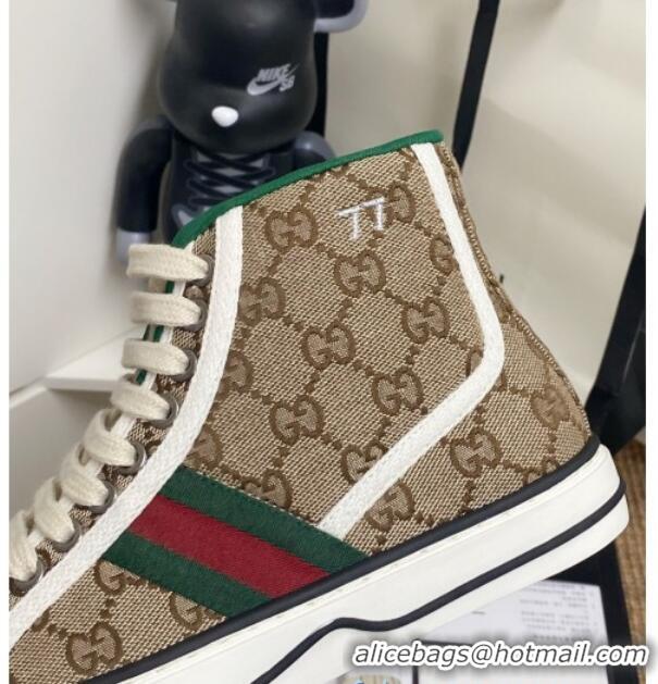 Perfect Gucci Tennis 1977 High Top Sneakers in Beige GG Canvas 72013 2020