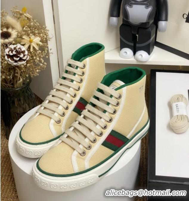 Elegant Gucci Tennis 1977 High Top Sneakers with Web 72015 Light Beige 2020