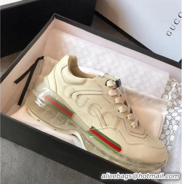 Charming Gucci Rhyton Logo Leather Sneakers with Transparent Sole 72208 White 2020