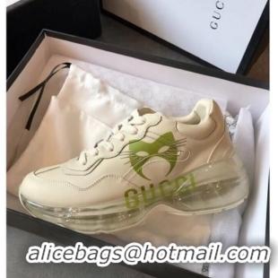 Top Quality Gucci Rhyton Mask Leather Sneakers with Transparent Sole 72210 White/Green