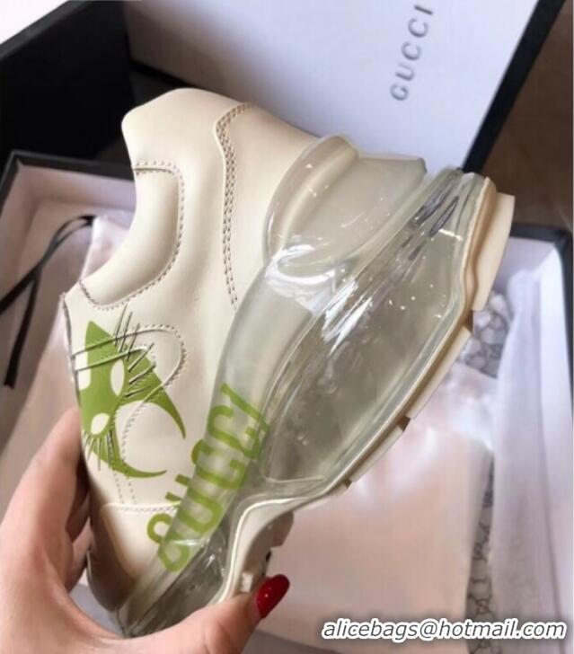 Top Quality Gucci Rhyton Mask Leather Sneakers with Transparent Sole 72210 White/Green