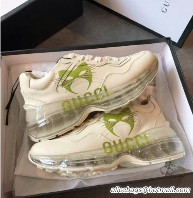 Top Quality Gucci Rhyton Mask Leather Sneakers with Transparent Sole 72210 White/Green