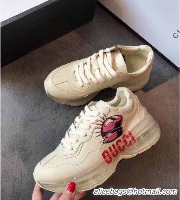 New Style Gucci Rhyton Mask Leather Sneakers with Transparent Sole 72210 White/Pink