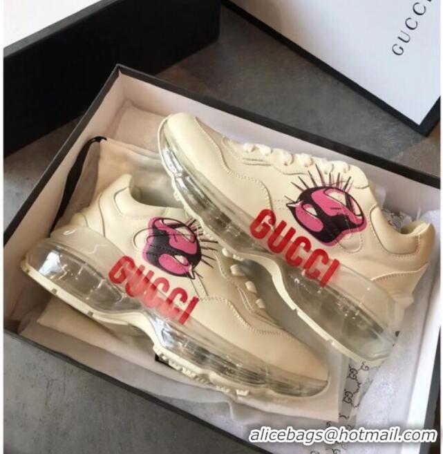 New Style Gucci Rhyton Mask Leather Sneakers with Transparent Sole 72210 White/Pink