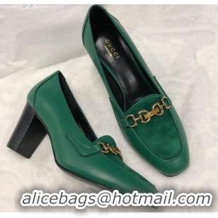 Classic Gucci Calfskin Horsebit Mid-Heel Loafer Pumps 70mm 72212 Green 