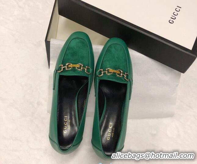 Classic Gucci Calfskin Horsebit Mid-Heel Loafer Pumps 70mm 72212 Green 