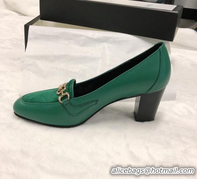 Classic Gucci Calfskin Horsebit Mid-Heel Loafer Pumps 70mm 72212 Green 